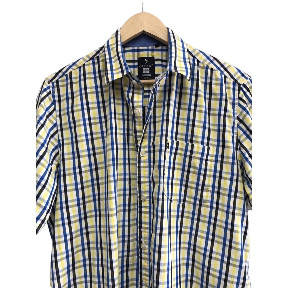 Citrus Shirt Mens Large Plaid Regular Fit White Blue Yellow